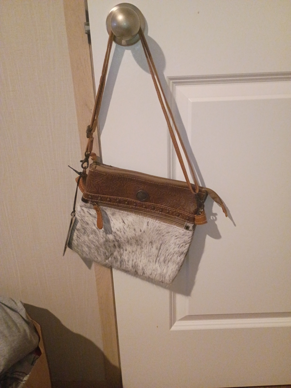 Myrabag Cowhide & canvas bag - Embossed etchings  NWT. OBO
